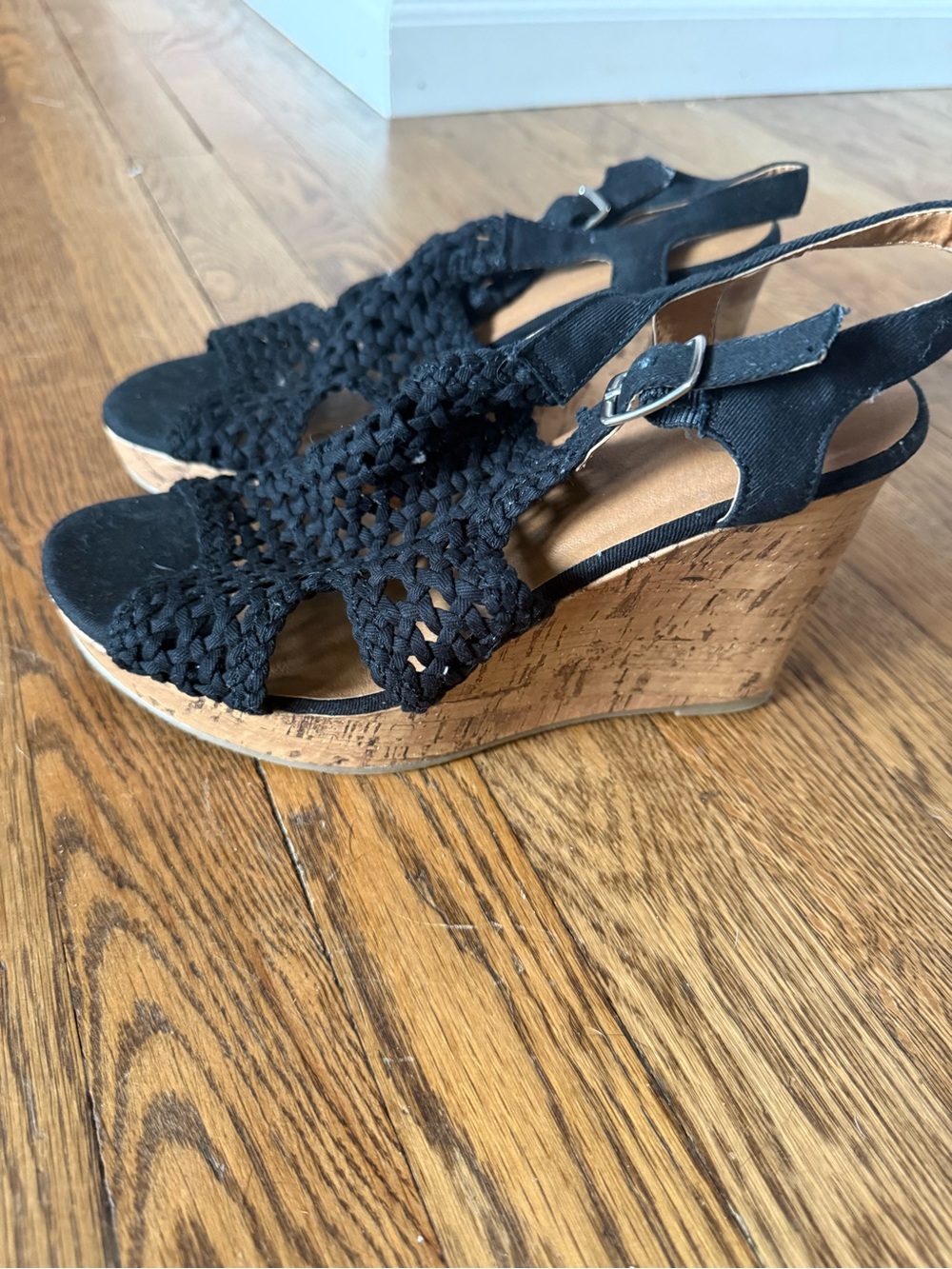 Black Woven Cork Wedge Sandals - Women size 8